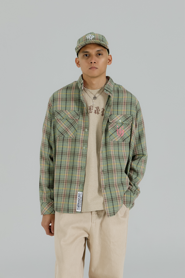 GRAF&WU Vintage Plaid Button Up Shirt Embroidered Streetwear
