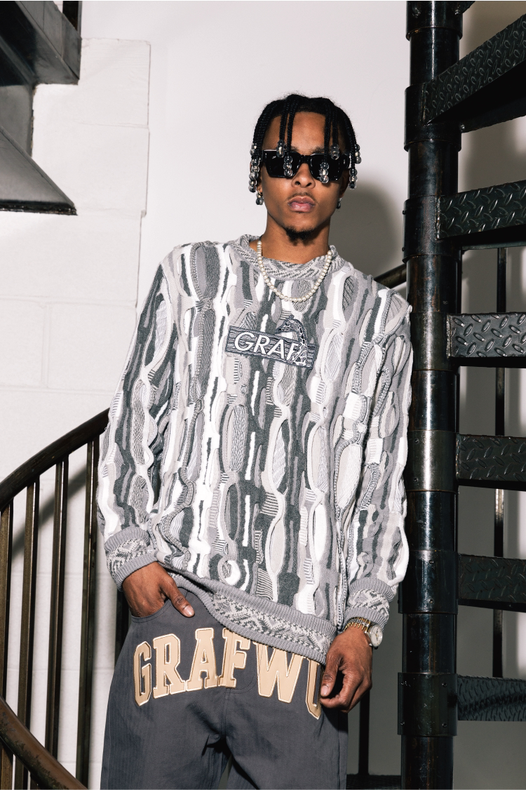 GRAF&WU Retro 3D Wave Pattern Street Art Knit Sweater