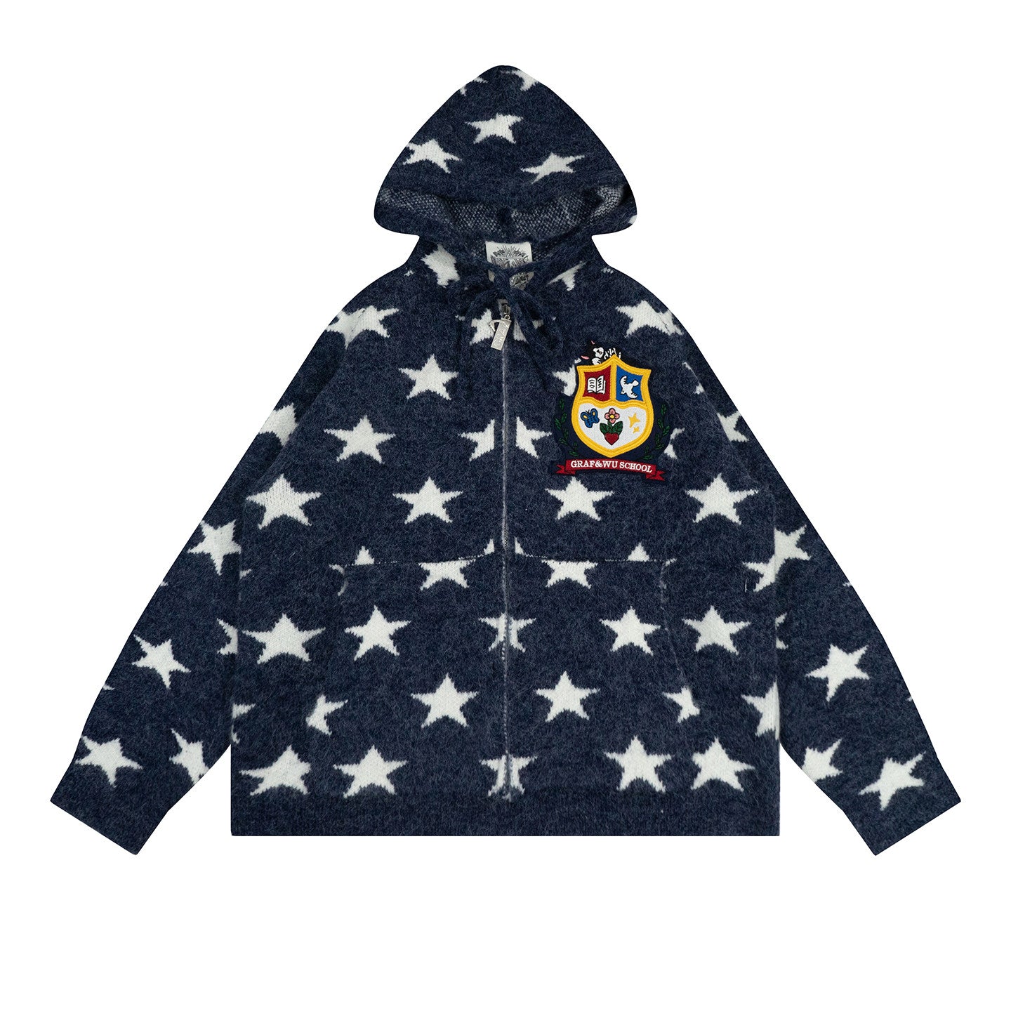 GRAF&WU Badge Star Graphic Mohair Cardigan Zipper Sweater