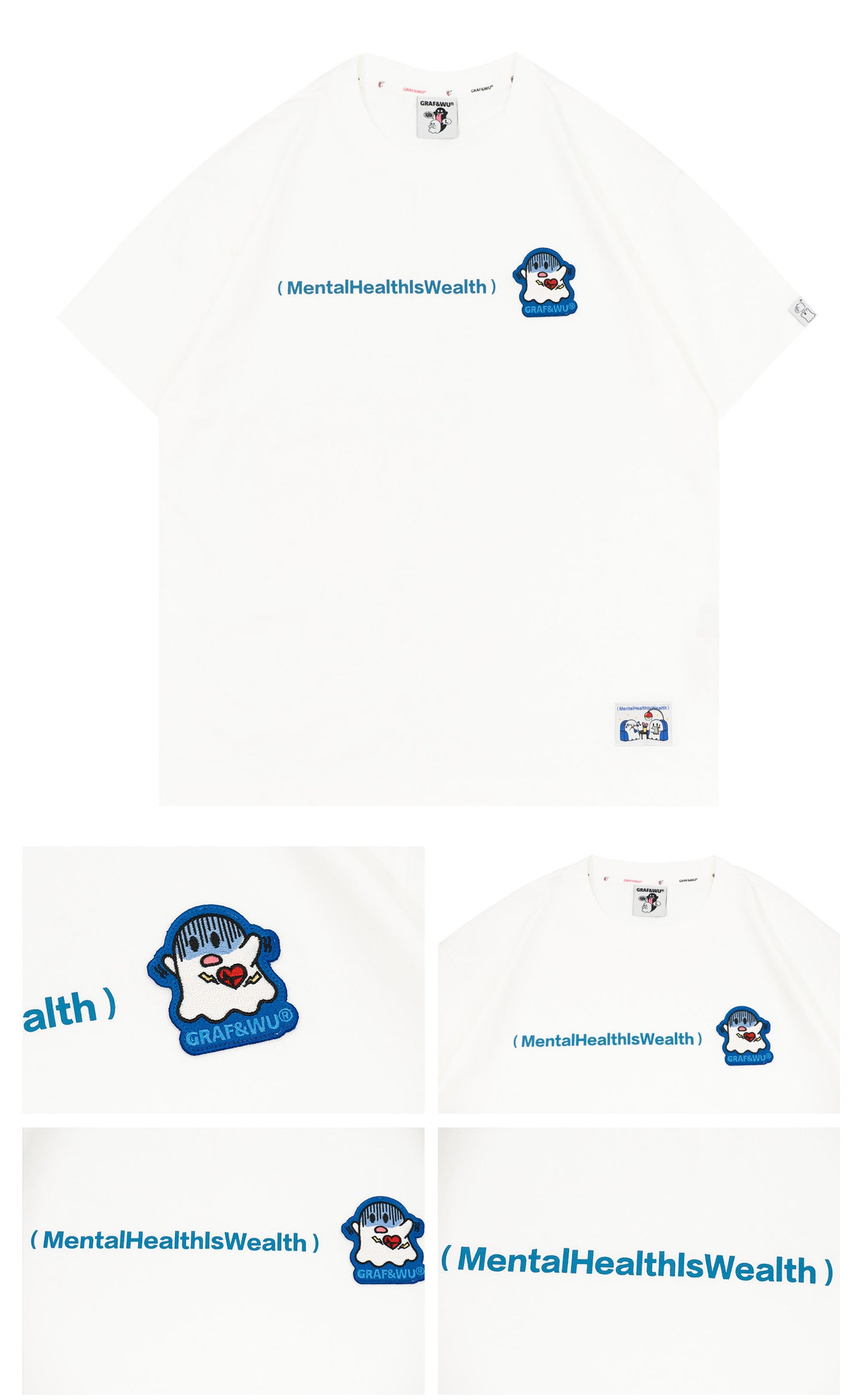GRAF&WU Mental Health Series Cute Ghost Embroidery Graphic T-Shirt