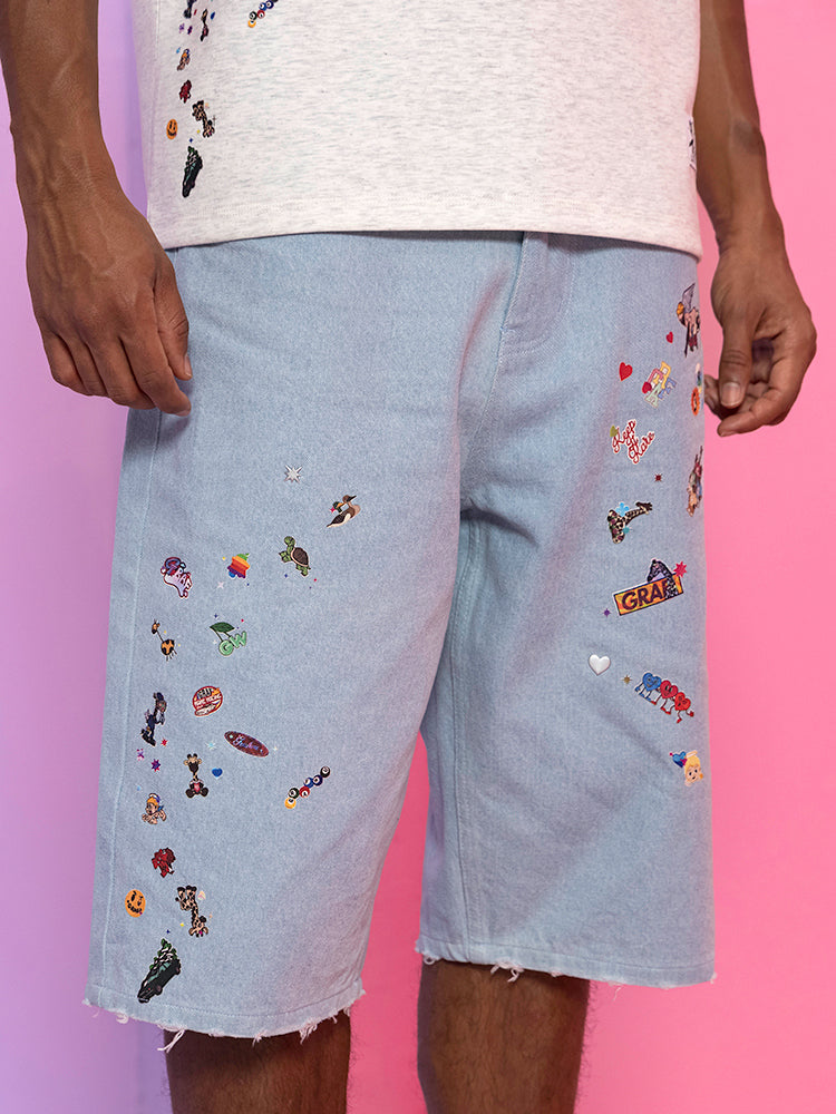GRAFWU Y2K Sticker Pattern Brand Logo Shorts