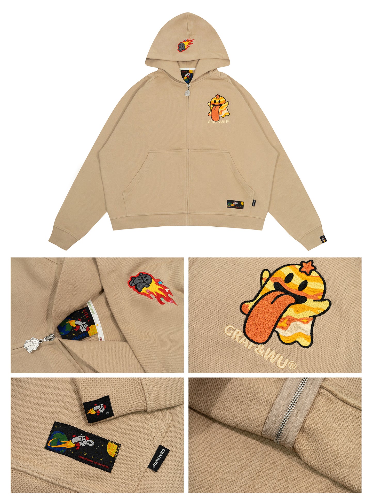 GRAF&WU Solar System Planet Cute Ghost Embroidered Zip-up Hoodie