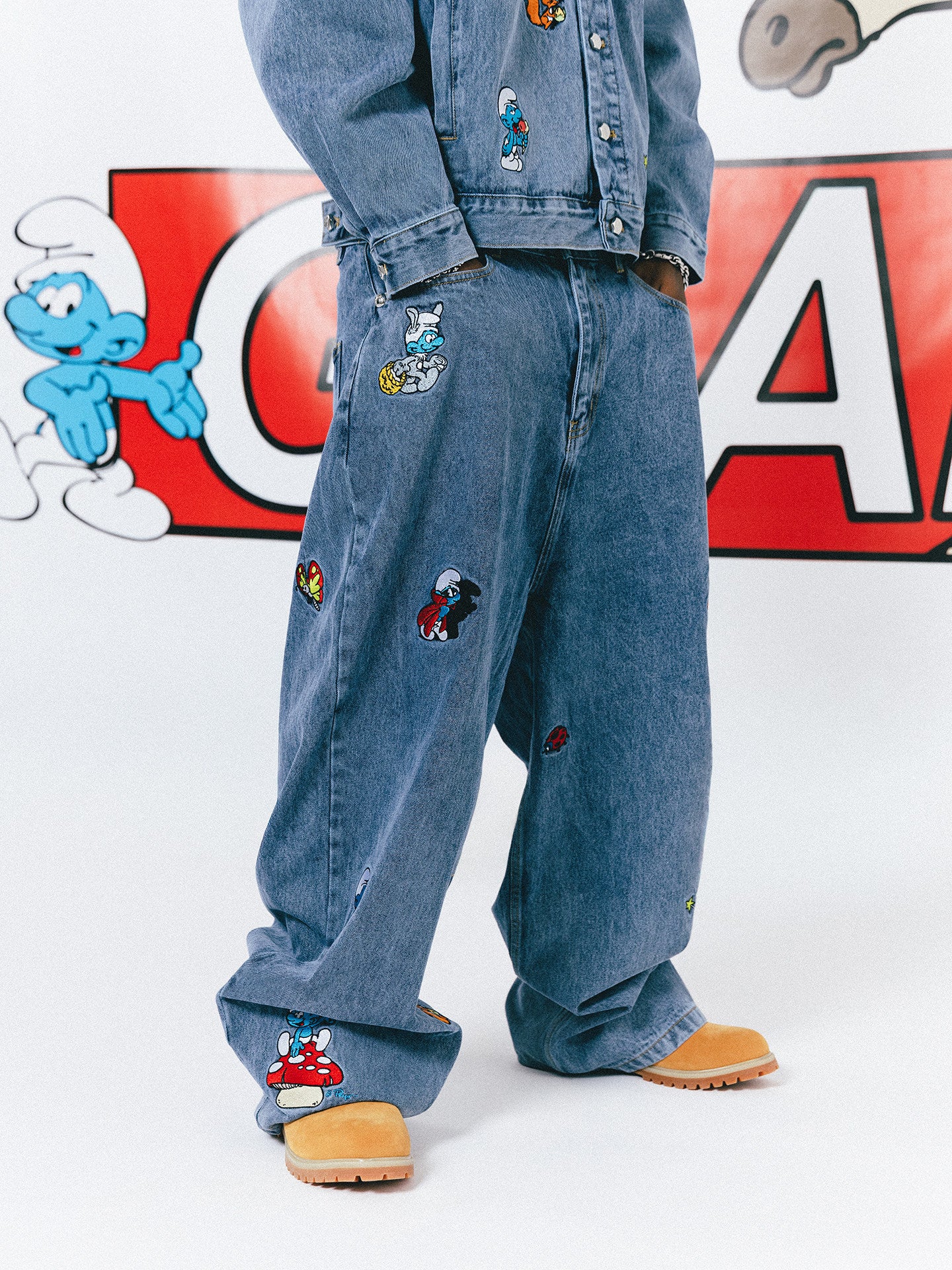 GRAF X SMURF Animal Character Embroidery Baggy Jeans