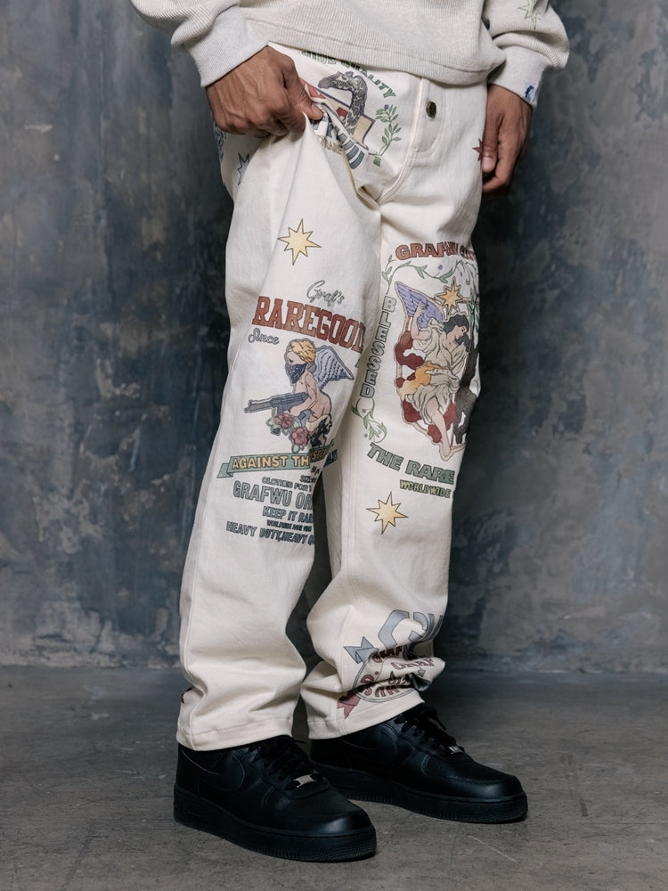 GRAF&WU Brand LOGO Angel Goddess Printing Cargo Pants