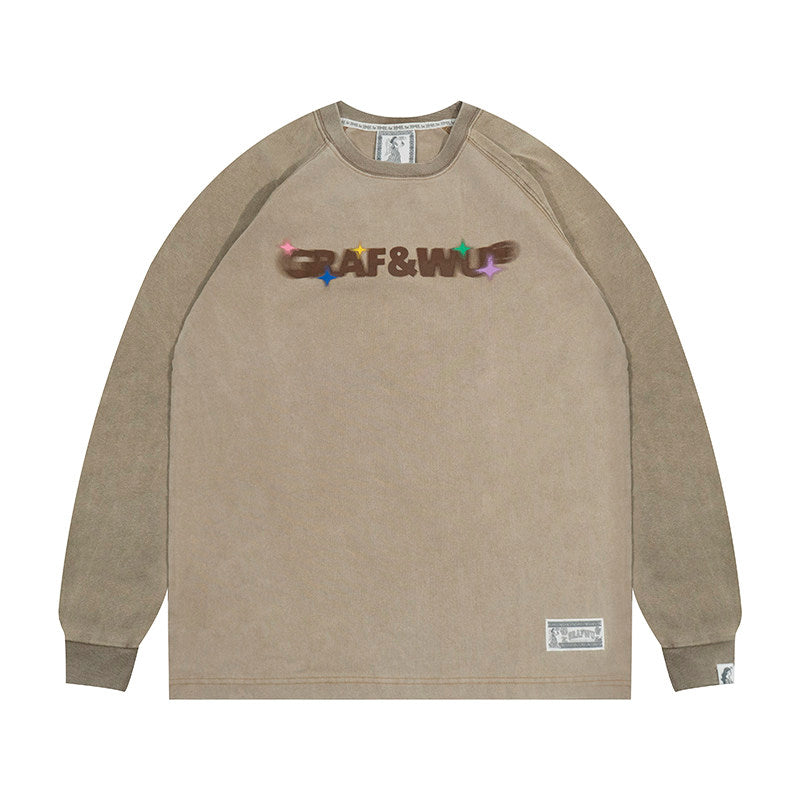 GRAF&WU Washed Distressed Phantom Letter Print Couple Raglan Long Sleeves