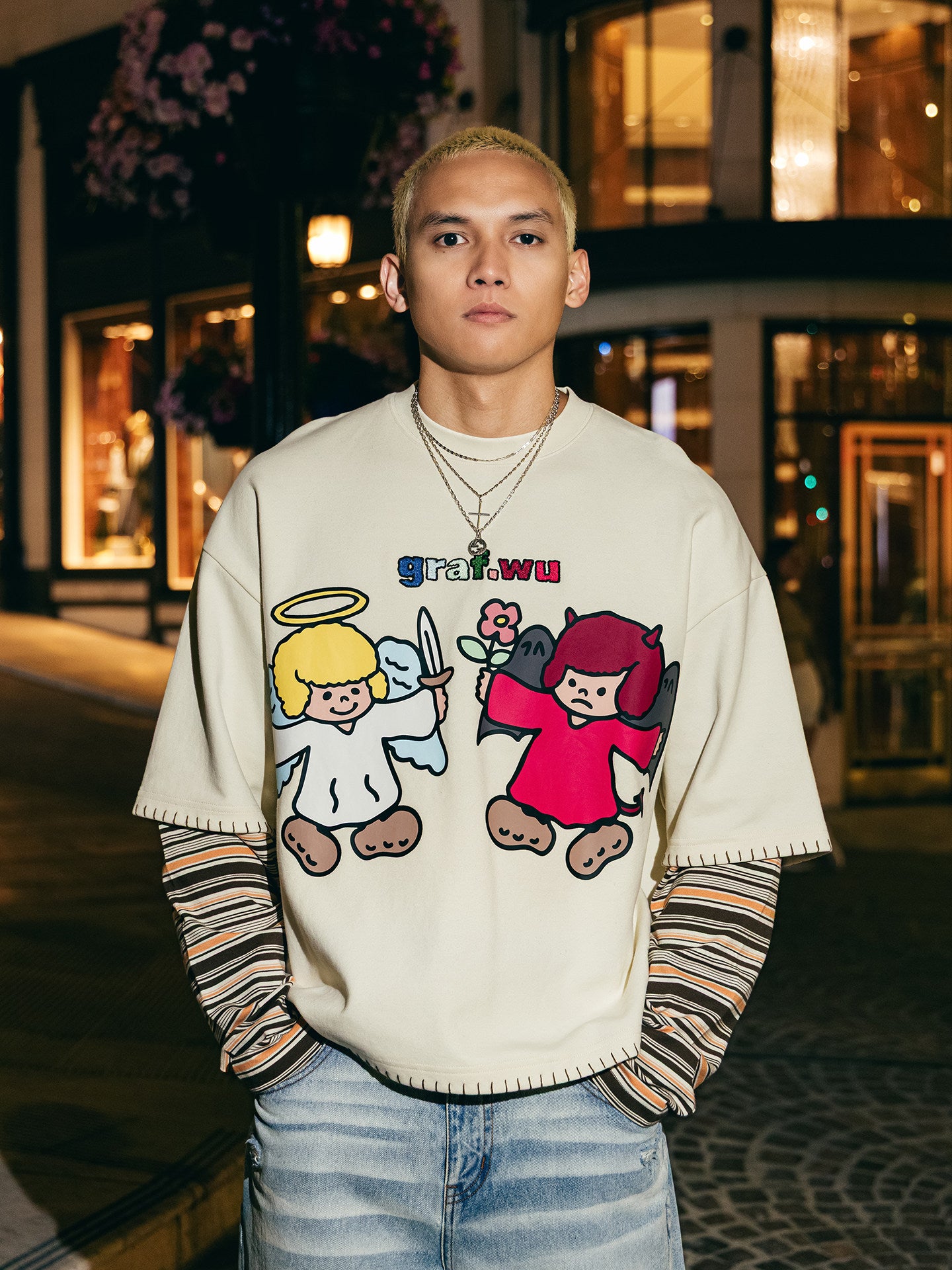 GRAF&WU Angel Devil Faux Two-piece Long Sleeve Tops