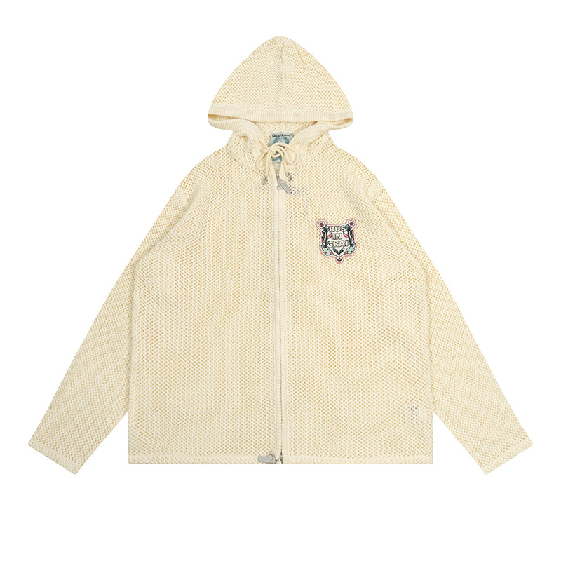 GRAF&WU Trust In GRAF Floral Embroidered Openwork Loose Hooded Zip-up Knit Sweater