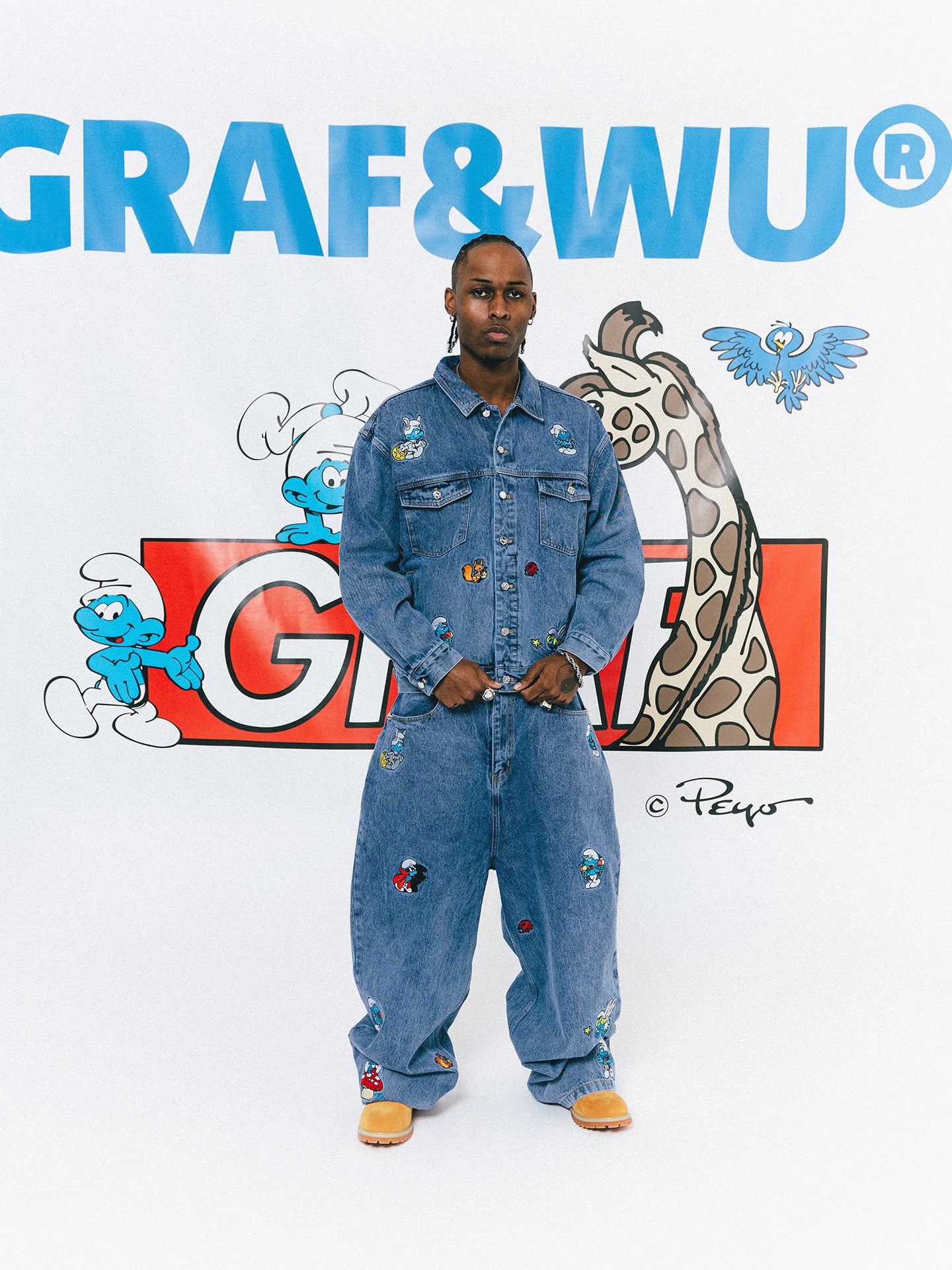 GRAF X SMURF Animal Character Embroidery Baggy Jeans