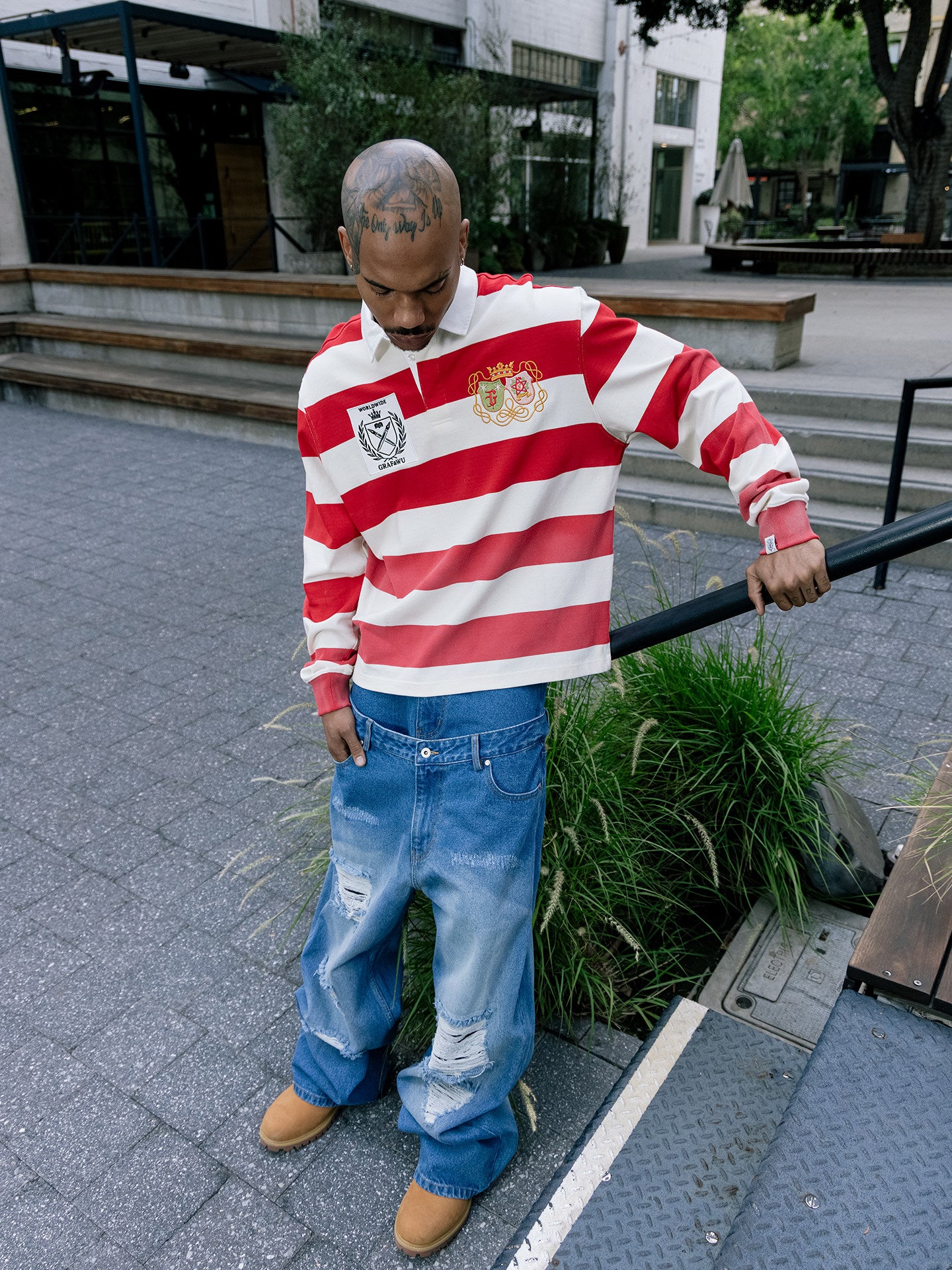 GRAF&WU Striped Polo Collar Rugby Style Design Long Sleeves Shirt