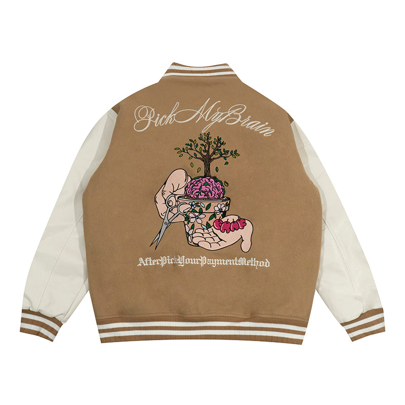 GRAF&WU Brainpower Potted Plant Leather Sleeves Baseball Jacket