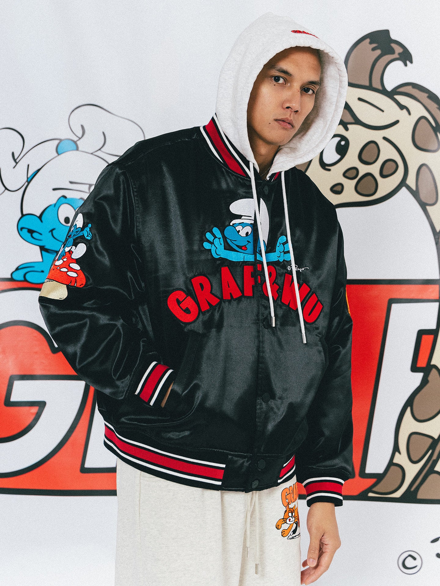 GRAF X SMURF Collaboration Couple Style Thick Satin Hooded Jacket