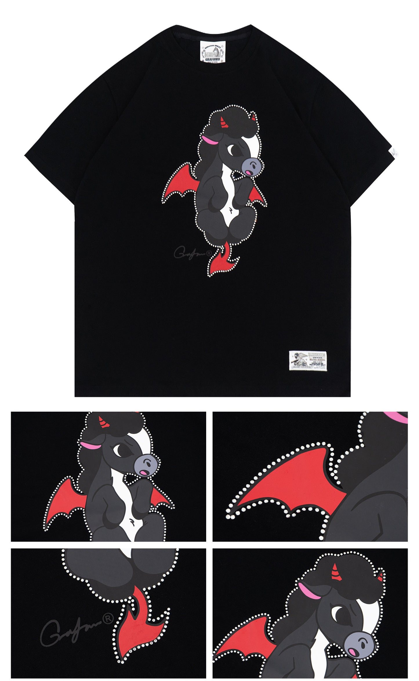 GRAF&WU Angel Devil Pony Twin Rhinestone Couple Street Loose T-shirt