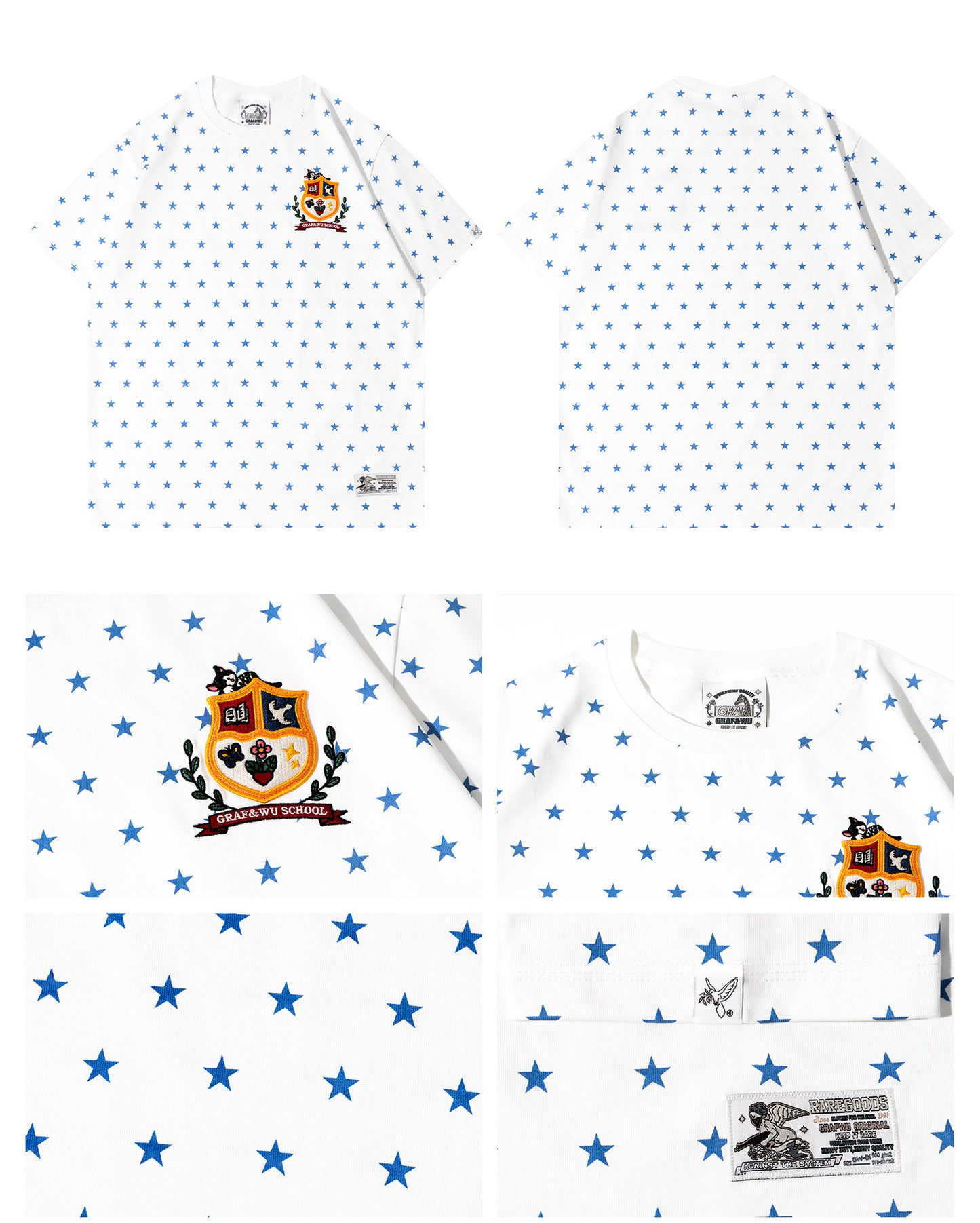 GRAF&WU Starry Cow Cat University Badge Embroidered Streetwear T-shirt