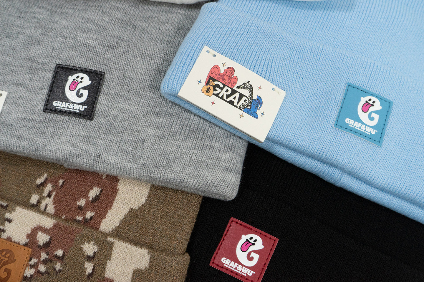 GRAF&WU Cute Ghost G Letter Leather Label Knitted Beanie