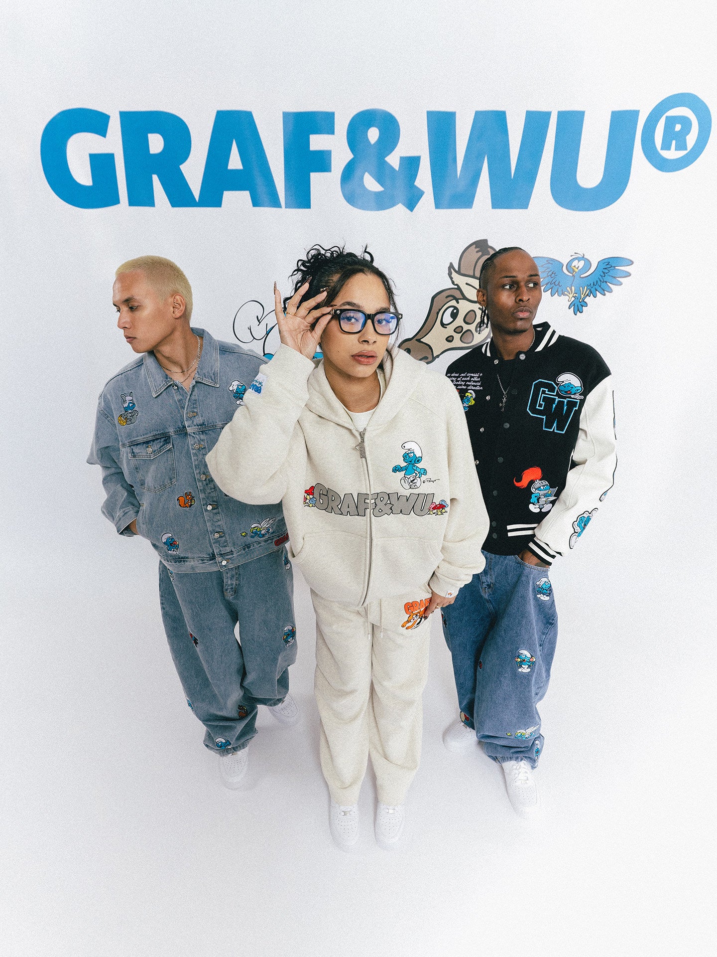 GRAF X SMURF Badge Embroidery Calm Giraffe Leather Sleeve Baseball Jacket