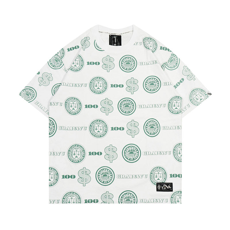 GRAF&WU Fashion Dollar Logo Print Streetwear Cotton T-shirt