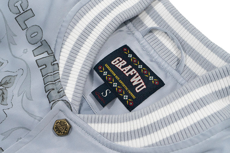 GRAF&WU Vintage Floral Giraffe Goddess Blessing Graphic Satin Thin Baseball Jacket