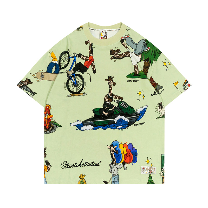GRAF&WU T-Shirts Street Activity Giraffe Pattern Design Short Sleeve Street Hip-Hop Fashion Short Sleeves Men Cotton Summer T-Shirt Casual Tees