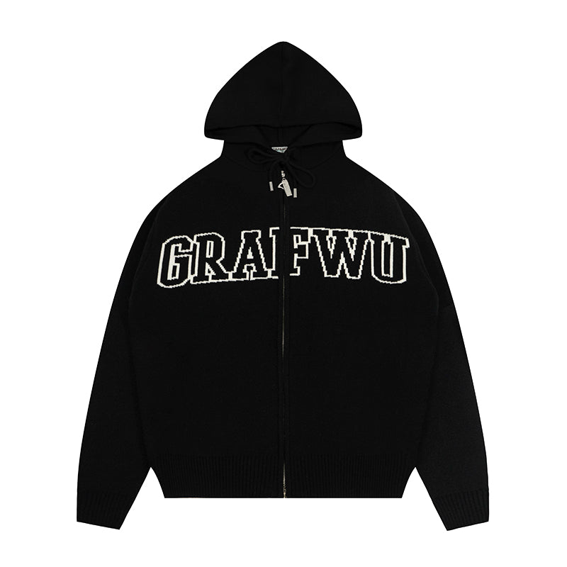 GRAF&WU Soft Knitted Warm Letter Thick Zip-up Sweater
