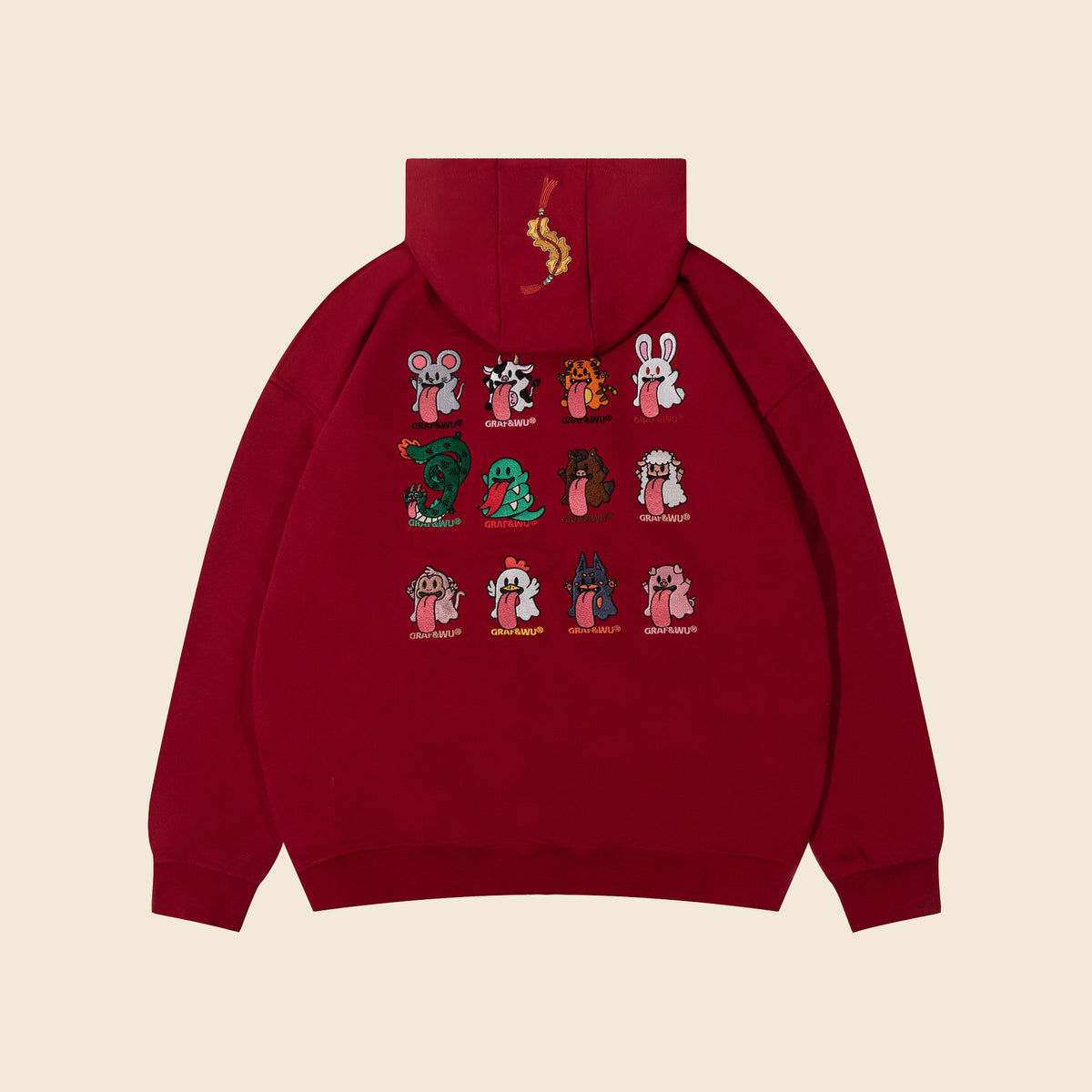 GRAF&WU Chinese Zodiac Cute Ghost Themed Embroidered Oversized Fleece Hoodie