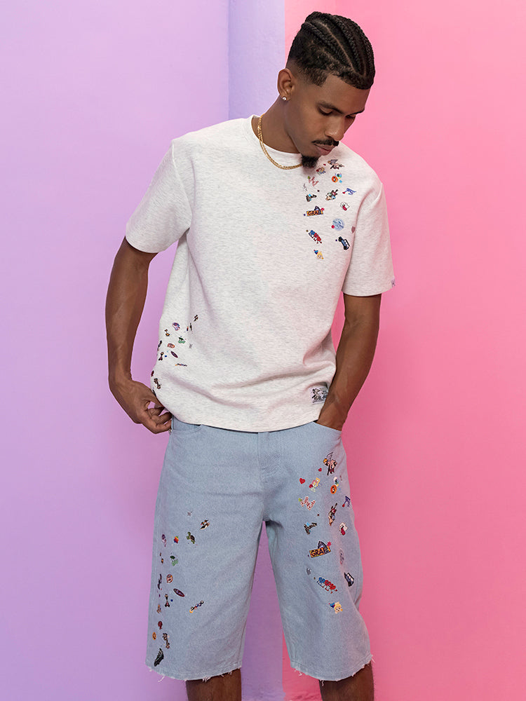 GRAFWU Y2K Sticker Pattern Brand Logo Shorts