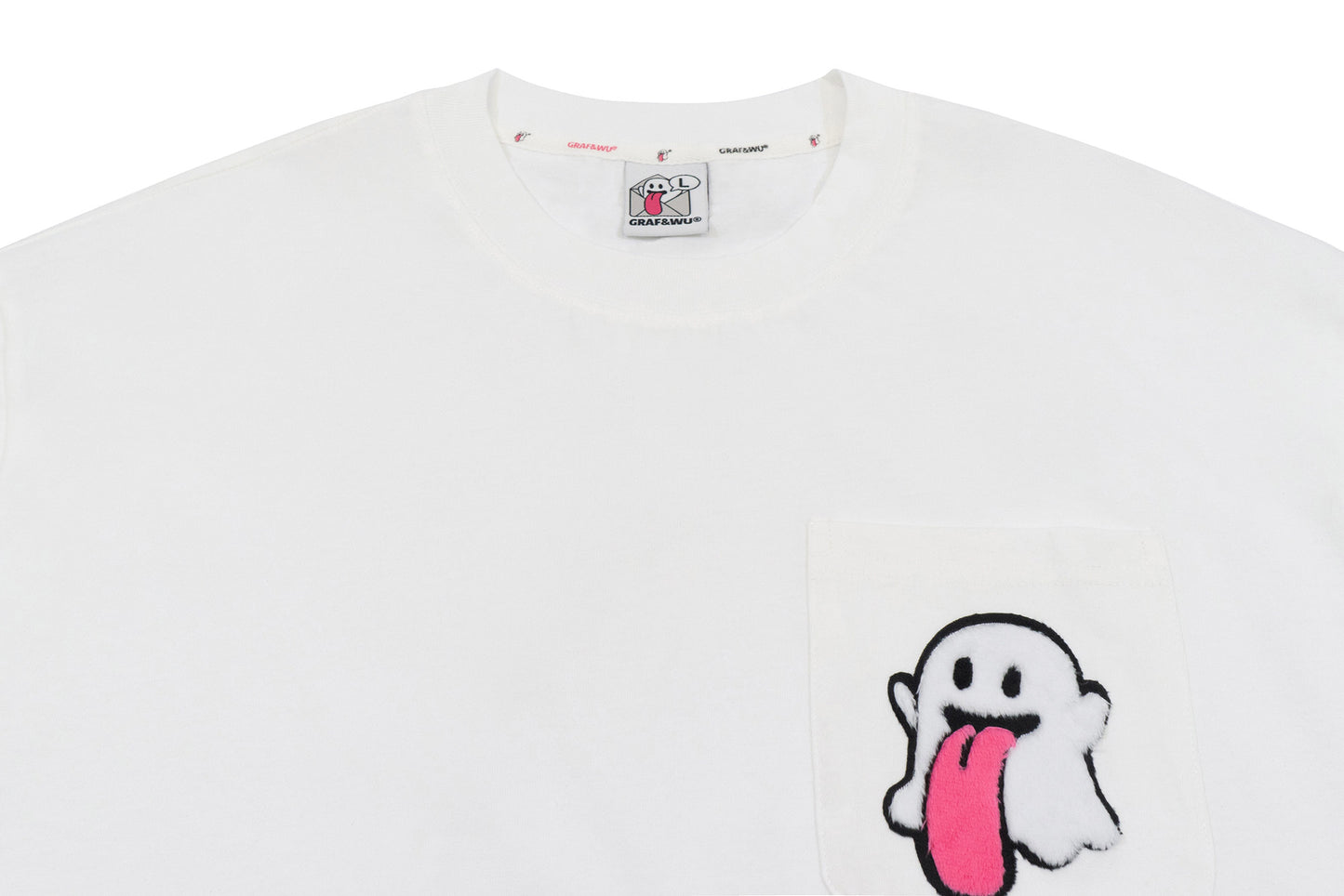 GRAF&WU Plush Cute Ghost Character Pattern Pocket T-shirt