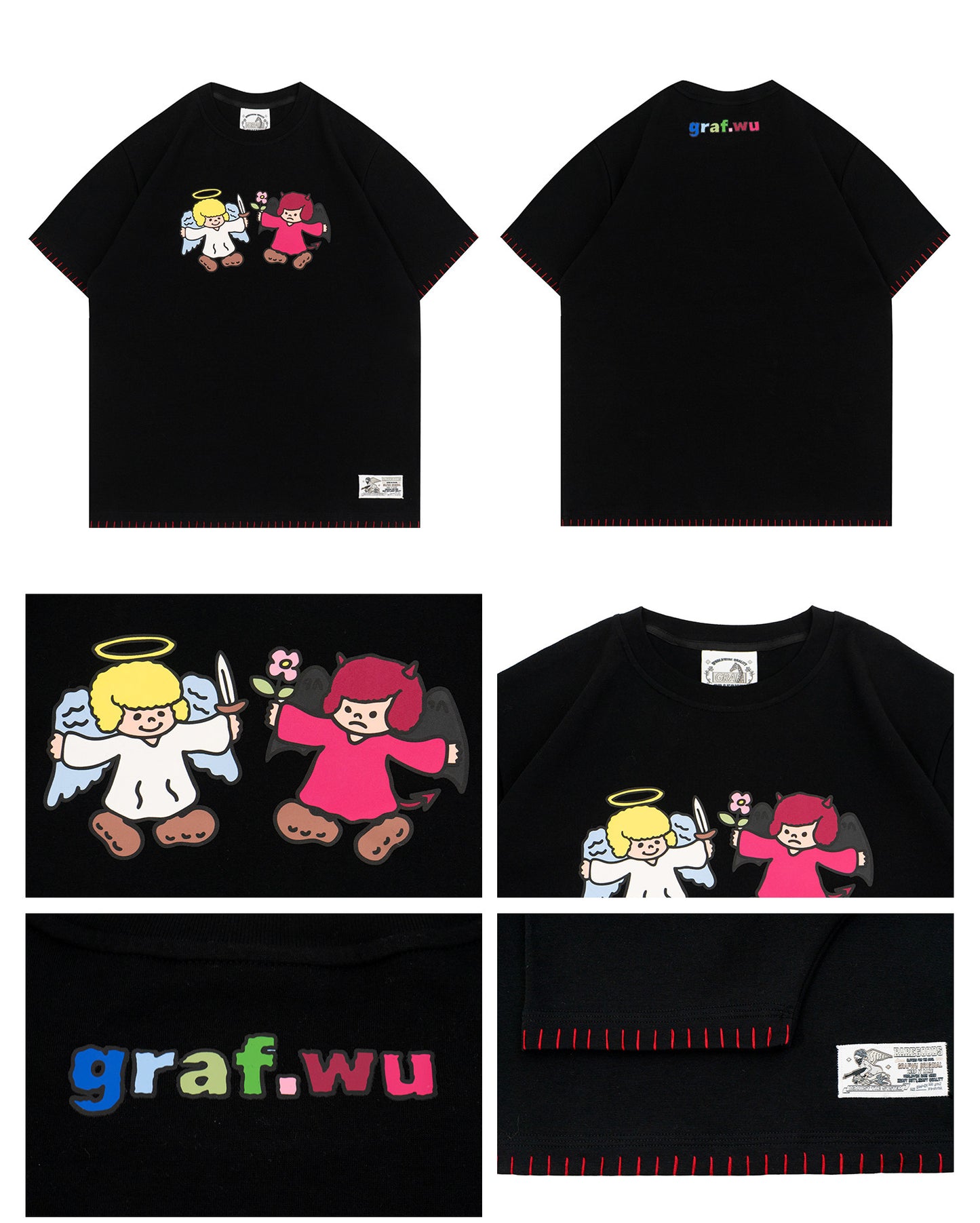 GRAF&WU Cartoon Retro Angel Devil Streetwear Loose T-shirt