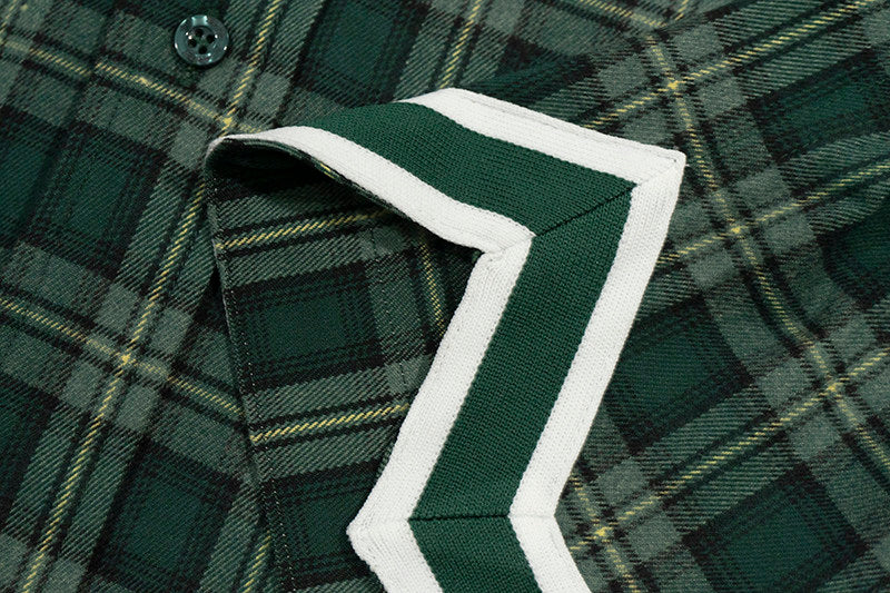 GRAF&WU Embroidered Plaid Button Up Shirt Ribbed Trim Oversized Streetwear