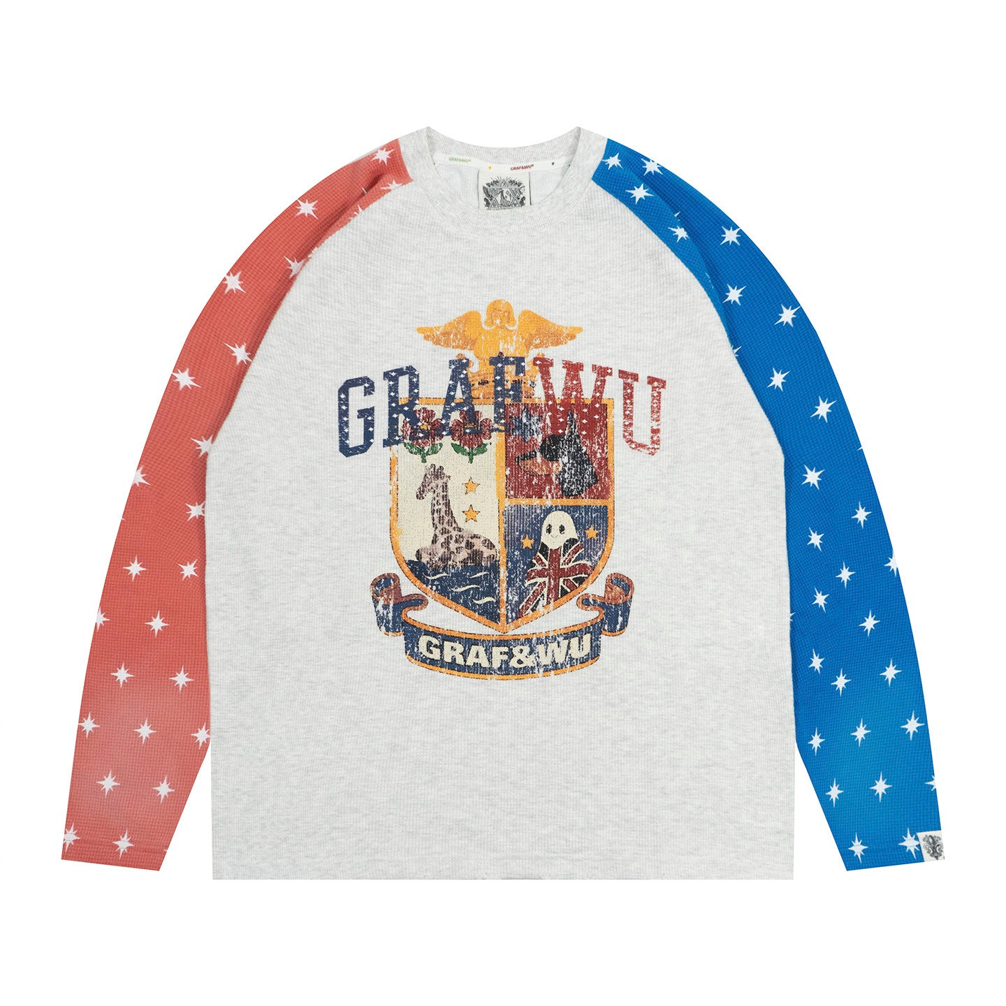 GRAF&WU Vintage Distressed Badge Star Raglan Sleeve Design Long-sleeved Shirt
