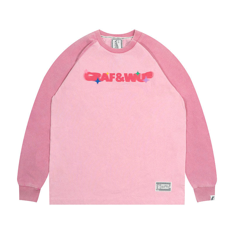 GRAF&WU Washed Distressed Phantom Letter Print Couple Raglan Long Sleeves