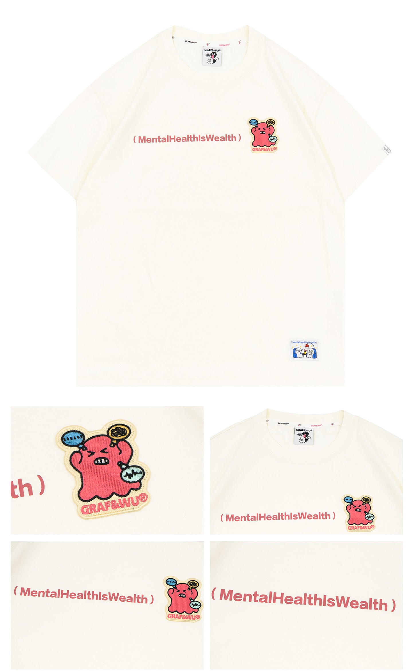 GRAF&WU Mental Health Series Cute Ghost Embroidery Graphic T-Shirt