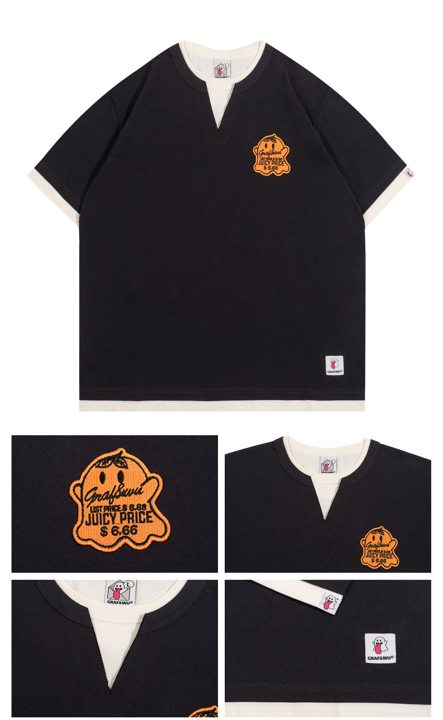 GRAF&WU Vintage Fake Two-Piece Notch Crew Neck T-Shirt