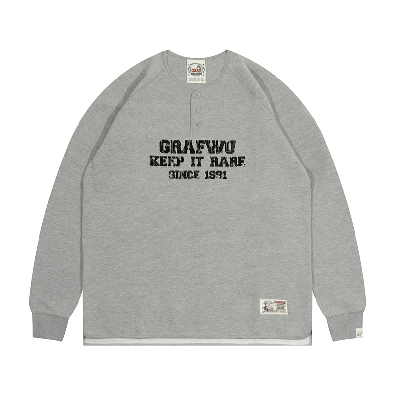 GRAF&WU Vintage Letter Cotton Henley Collar Long-sleeve Shirt