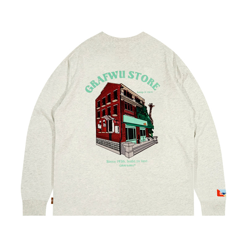 GRAF&WU Classic Old House Giraffe Shop Pattern Long-Sleeve Shirt