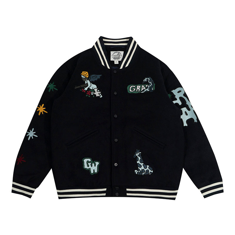 GRAF&WU Embroidered Angel Giraffe Thick Baseball Jacket