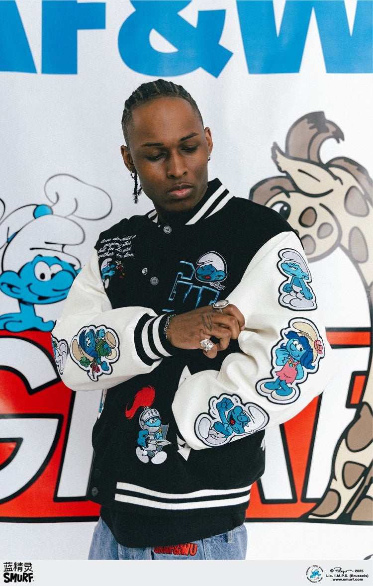 GRAF X SMURF Badge Embroidery Calm Giraffe Leather Sleeve Baseball Jacket
