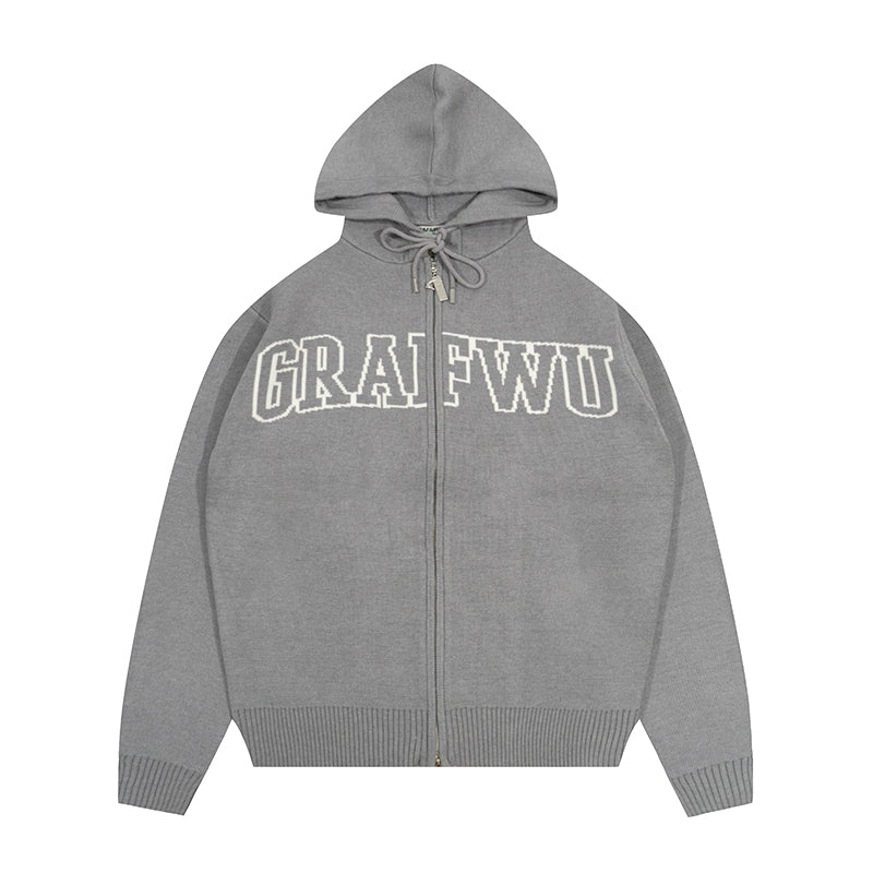 GRAF&WU Soft Knitted Warm Letter Thick Zip-up Sweater