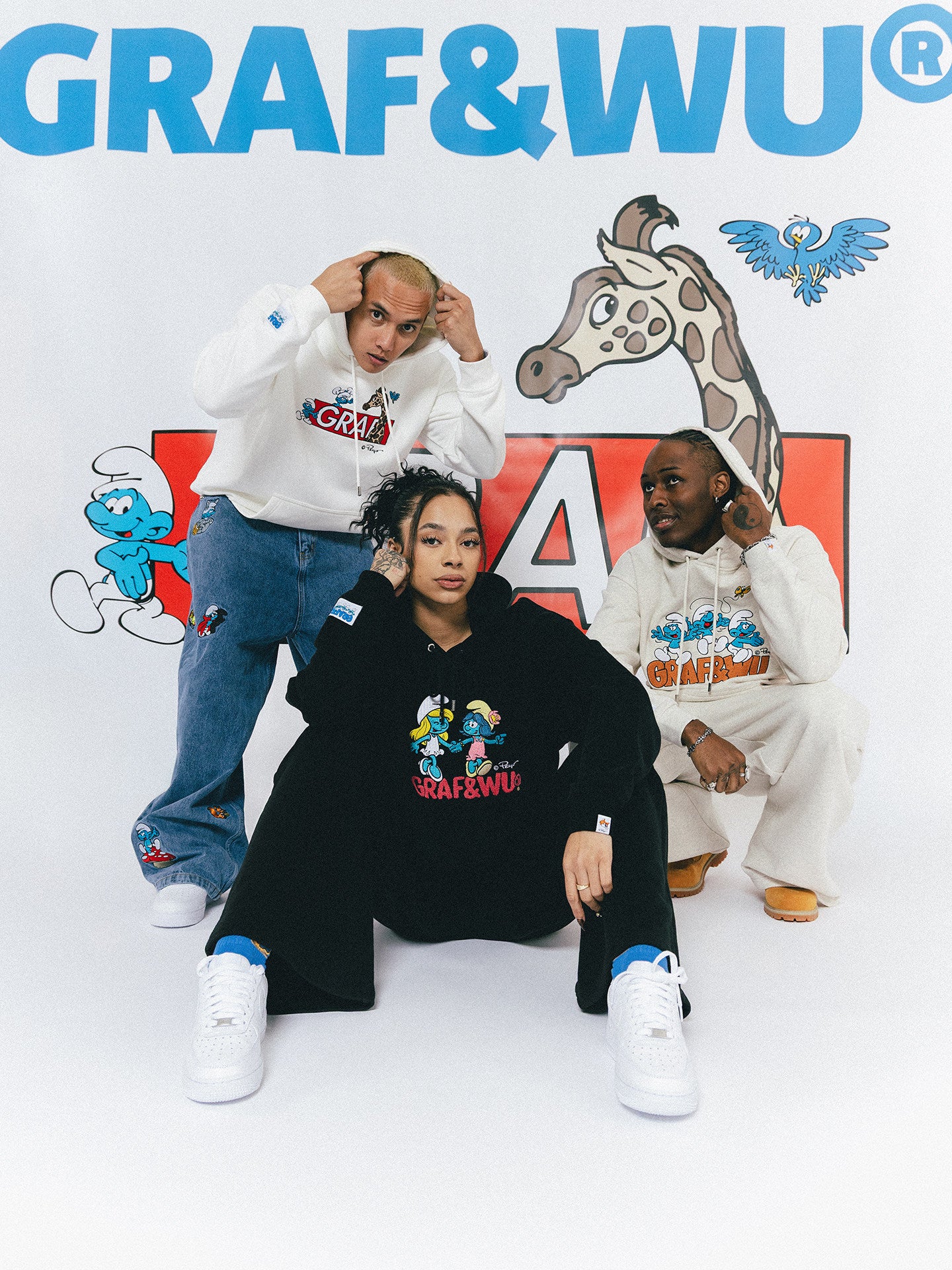 GRAF X SMURF Giraffe Smurf Embroidered Cartoon Fleece Hoodie