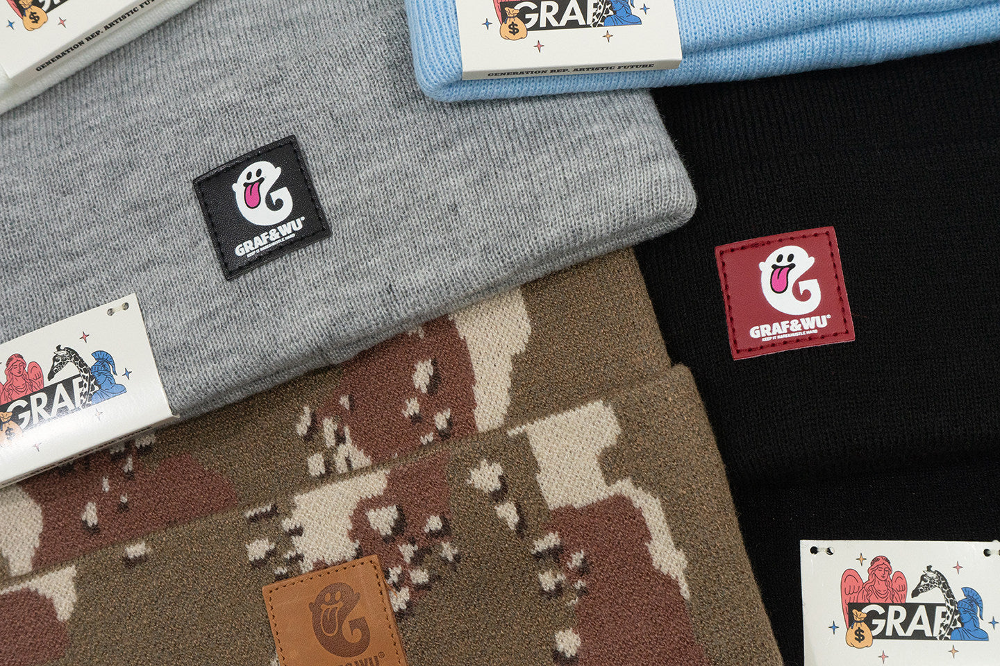 GRAF&WU Cute Ghost G Letter Leather Label Knitted Beanie