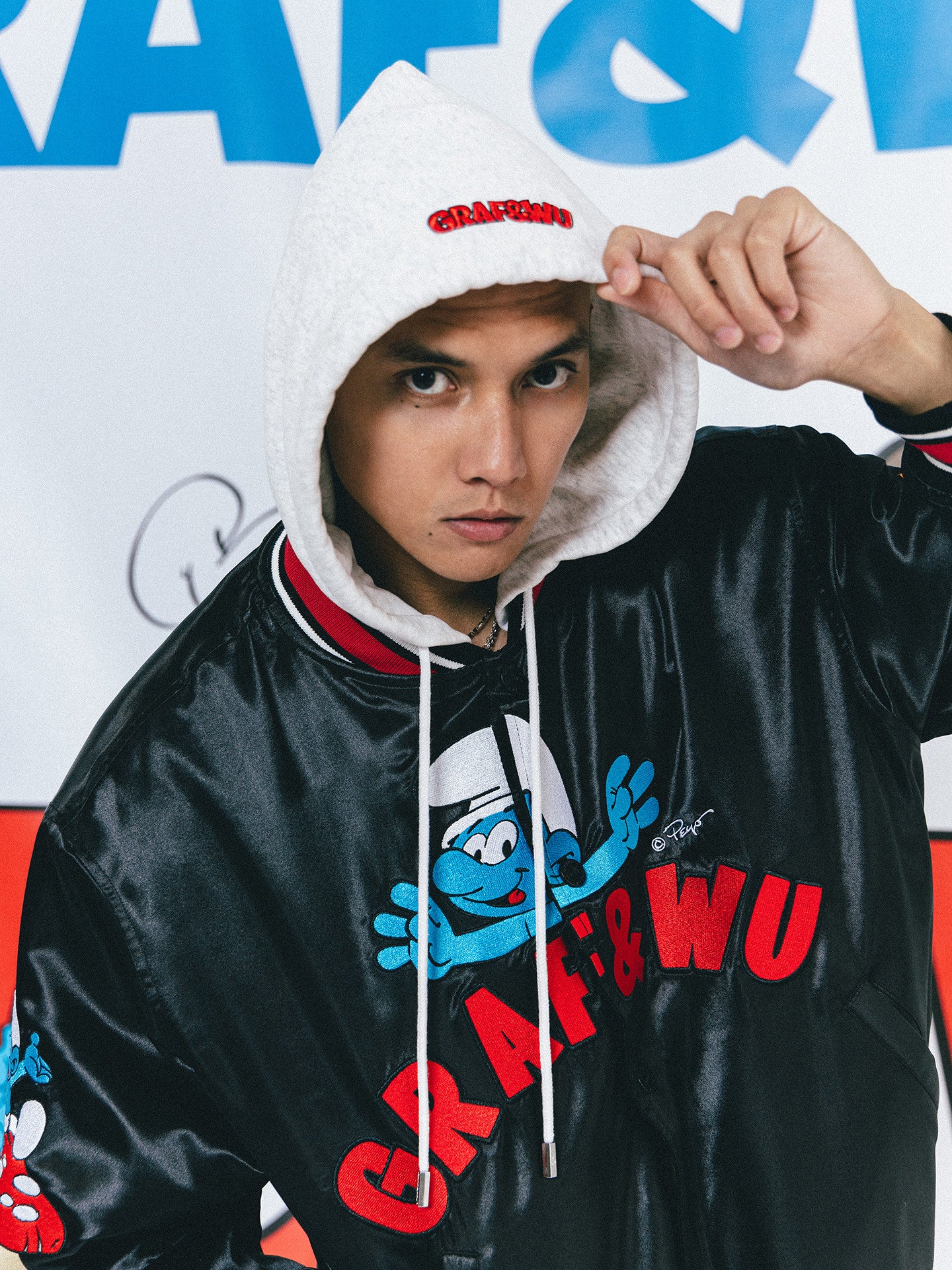 GRAF X SMURF Collaboration Couple Style Thick Satin Hooded Jacket