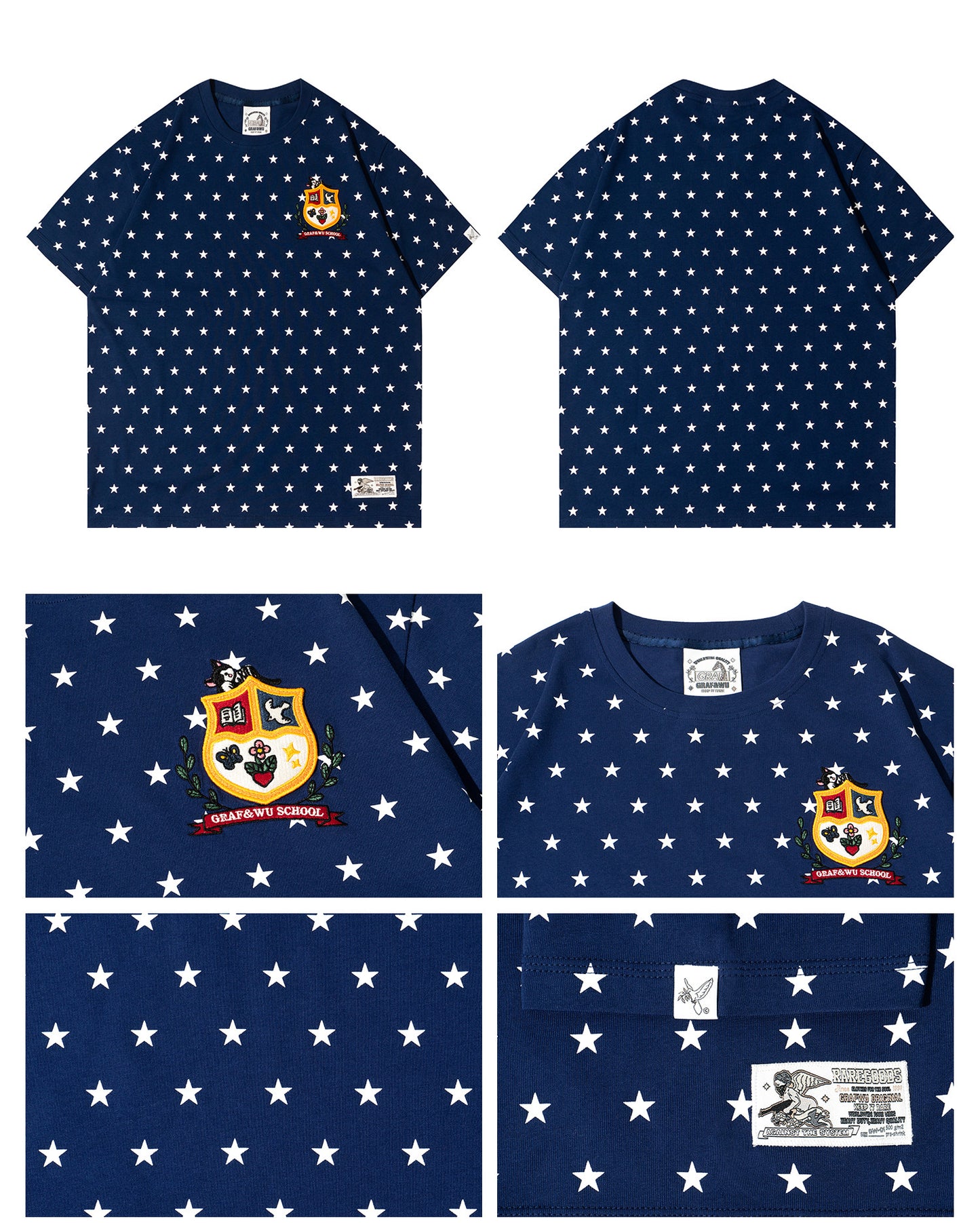 GRAF&WU Starry Cow Cat University Badge Embroidered Streetwear T-shirt