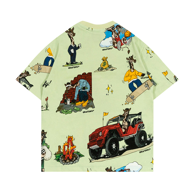 GRAF&WU T-Shirts Street Activity Giraffe Pattern Design Short Sleeve Street Hip-Hop Fashion Short Sleeves Men Cotton Summer T-Shirt Casual Tees