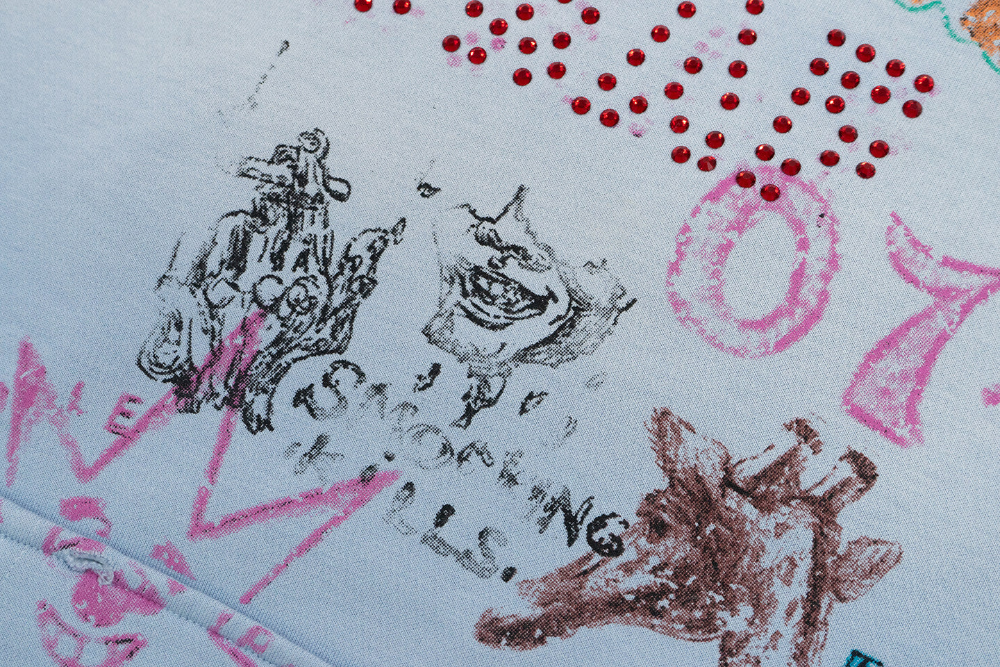 GRAF&WU Graffiti Red Rhinestones Pearl Vintage Faded Distressed Hoodie