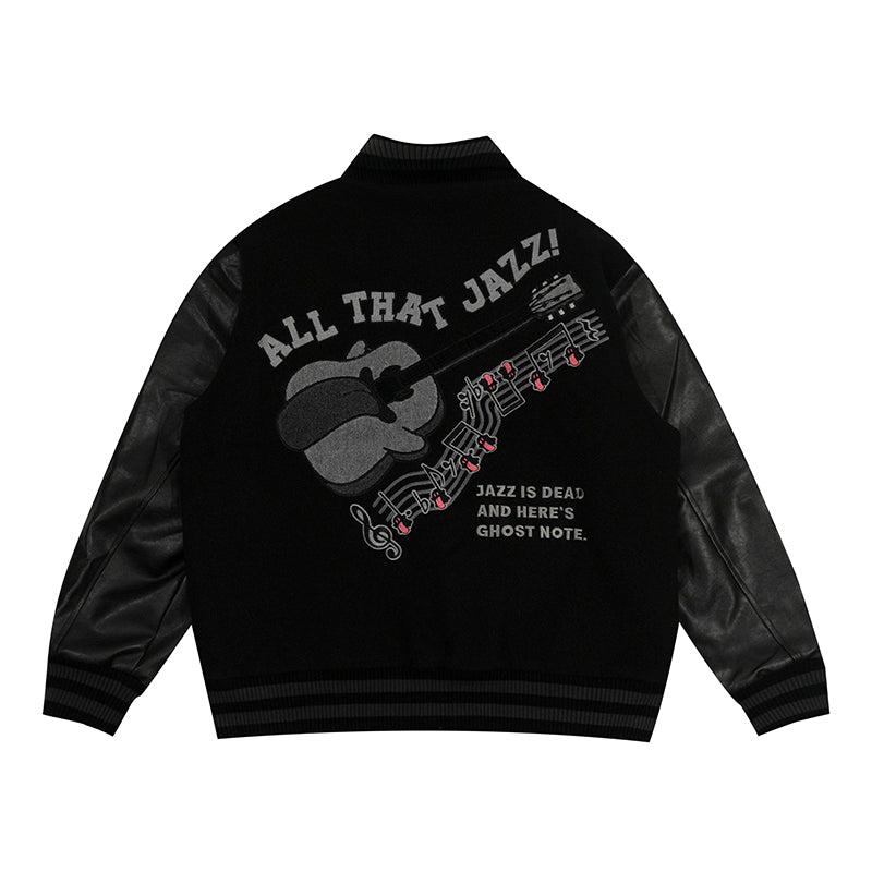 GRAF&WU Jazz Cute Ghost Leather Sleeved Wool Vintage Baseball Jacket