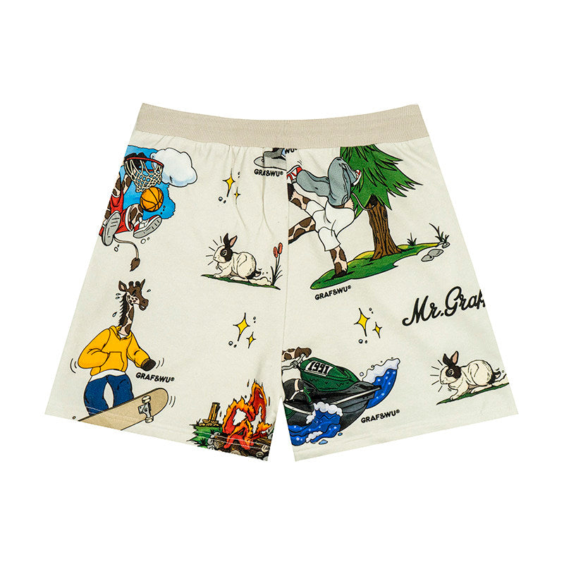 GRAF&WU Giraffe Cartoon Graphic Shorts Casual Streetwear