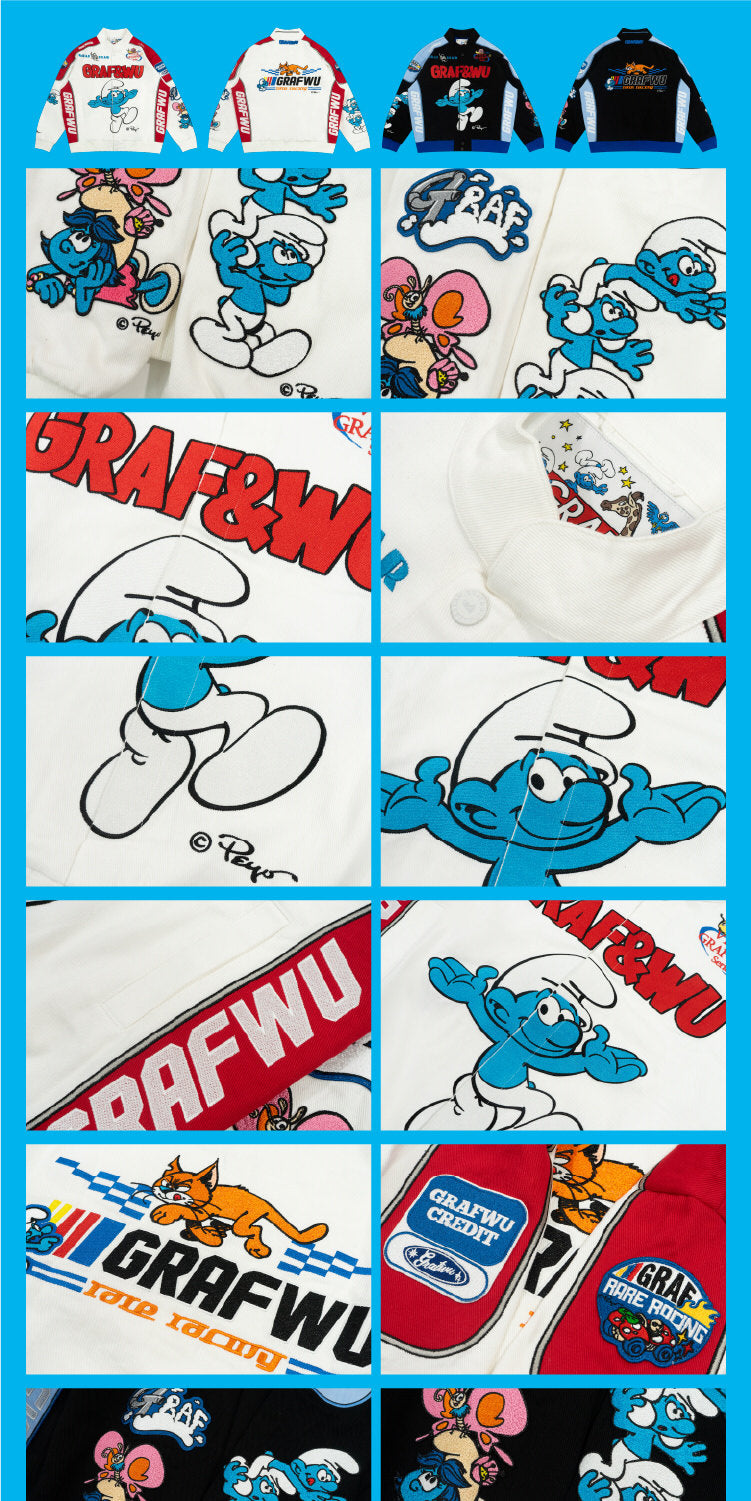 GRAF X SMURF Collaboration Fashion Embroidered Racing Jacket | Limited Edition Streetwear