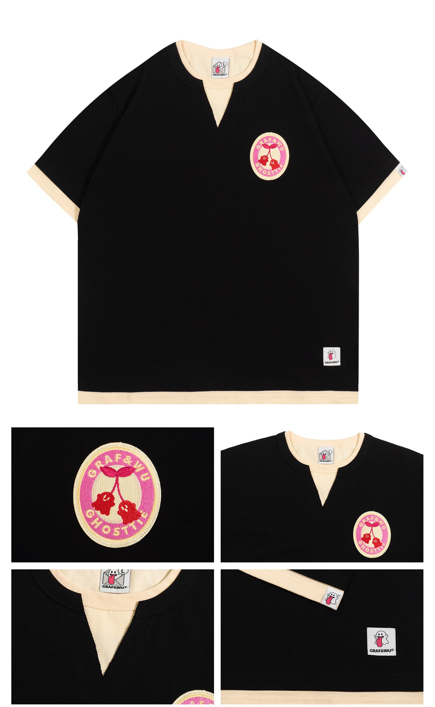 GRAF&WU Vintage Fake Two-Piece Notch Crew Neck T-Shirt