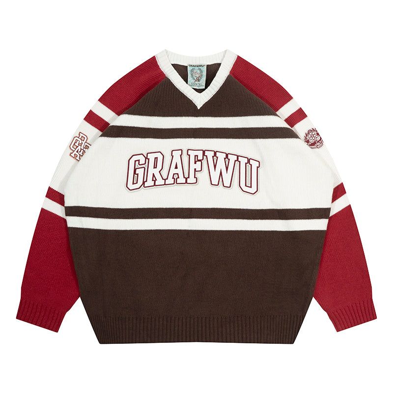 GRAF&WU Christmas V-Neck Knitted Pullover Sweater - Festive Holiday Streetwear