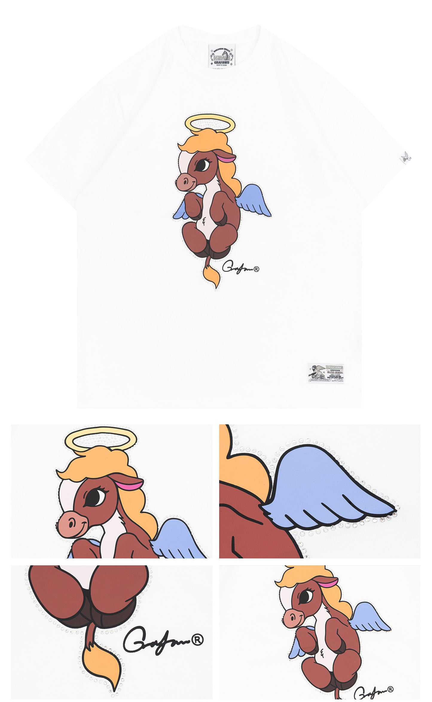 GRAF&WU Angel Devil Pony Twin Rhinestone Couple Street Loose T-shirt