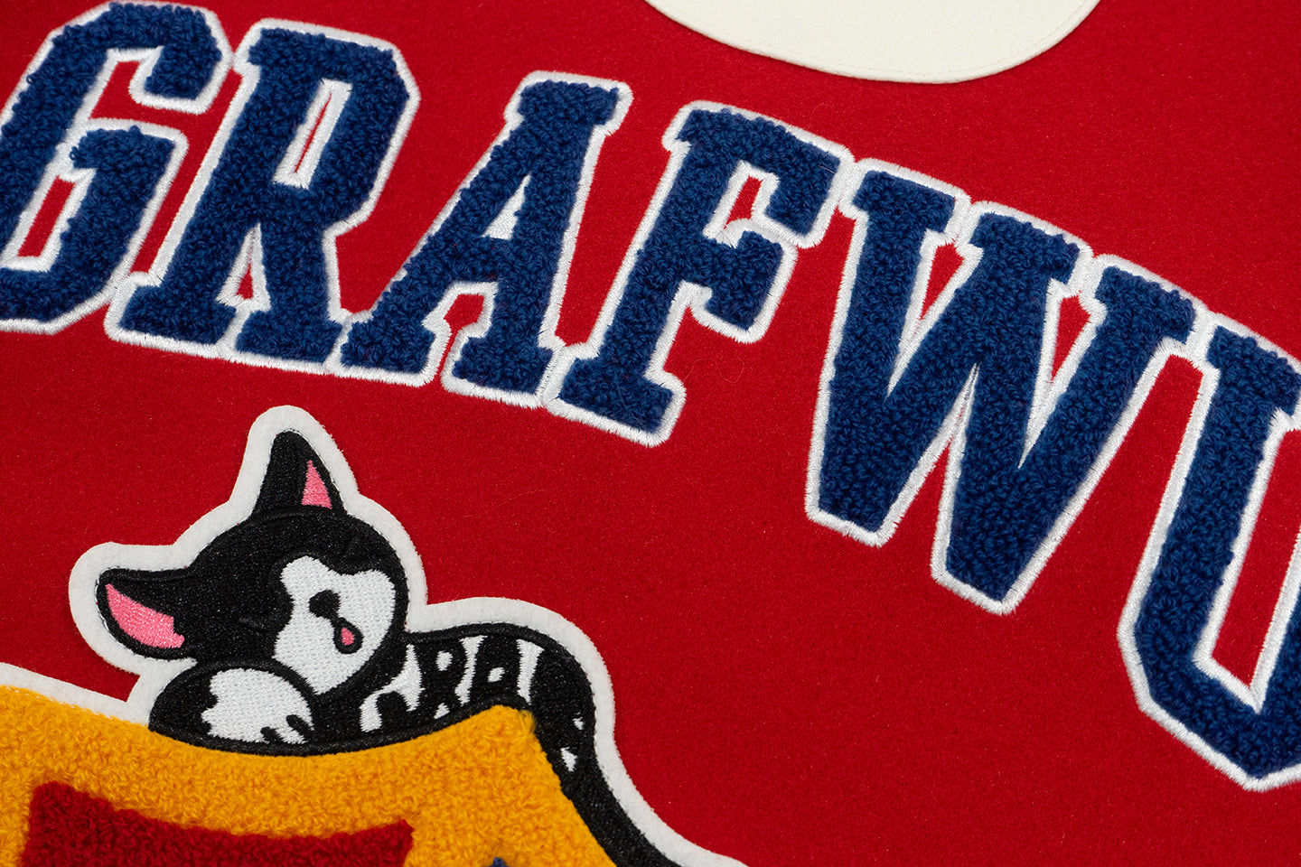 GRAF&WU Sleep Cow Cat Graphic University Leather Sleeve Varsity Jacket